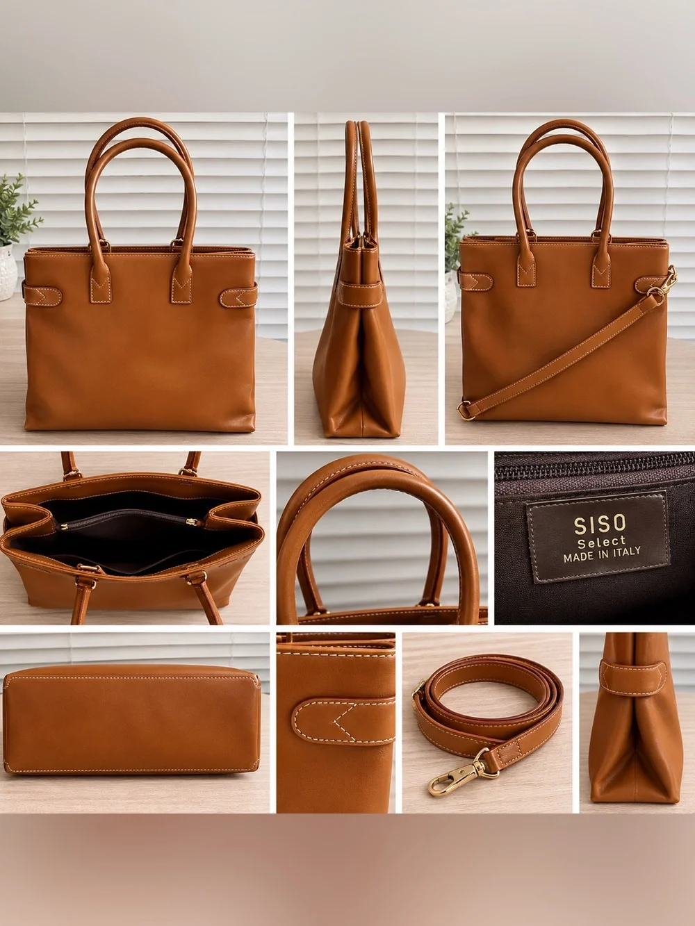💫Vintage 💫SISO Select Made in Italy Cognac Leather Tote Shoulder Bag-USED ONCE